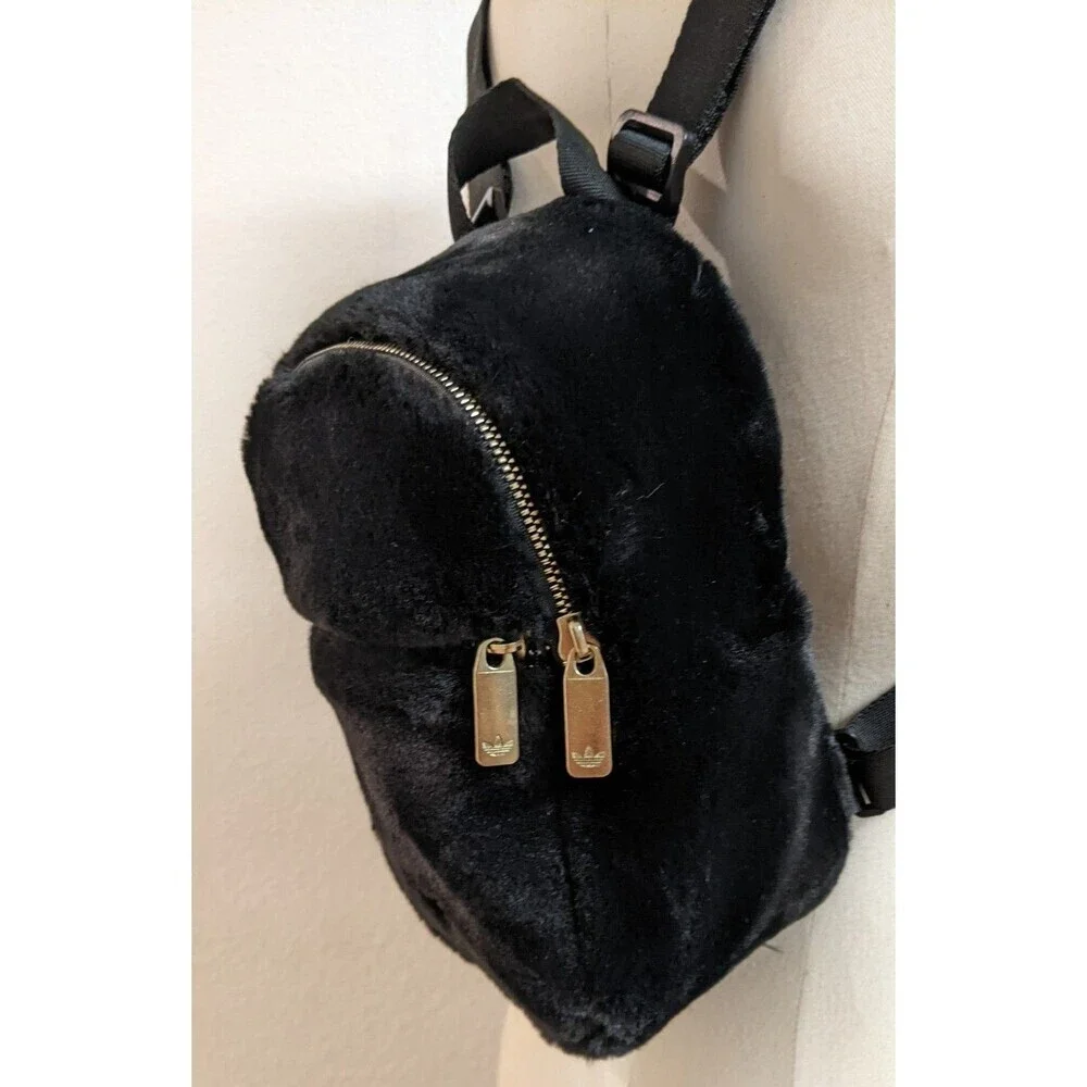 ADIDAS Black Faux Fur Adjustable Mini-Backpack Gold Trefoil Hardware - Picture 11 of 16
